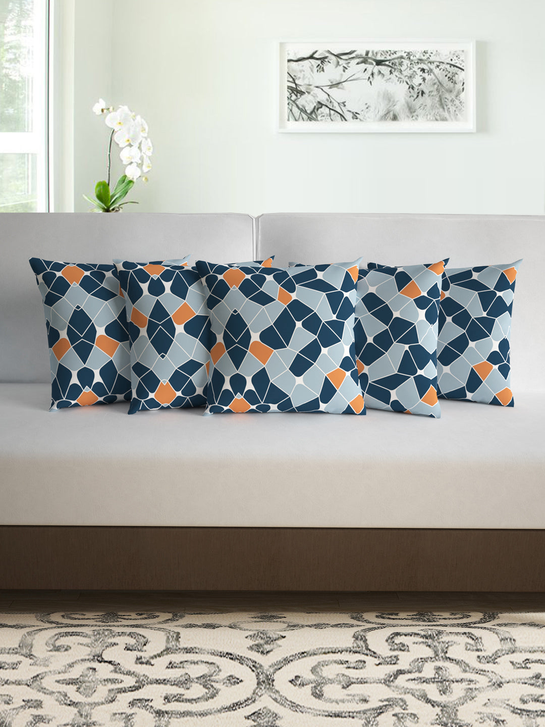 Blue & Orange Abstract Set of 5 Microfiber Cushion Covers - 16x16 Inches