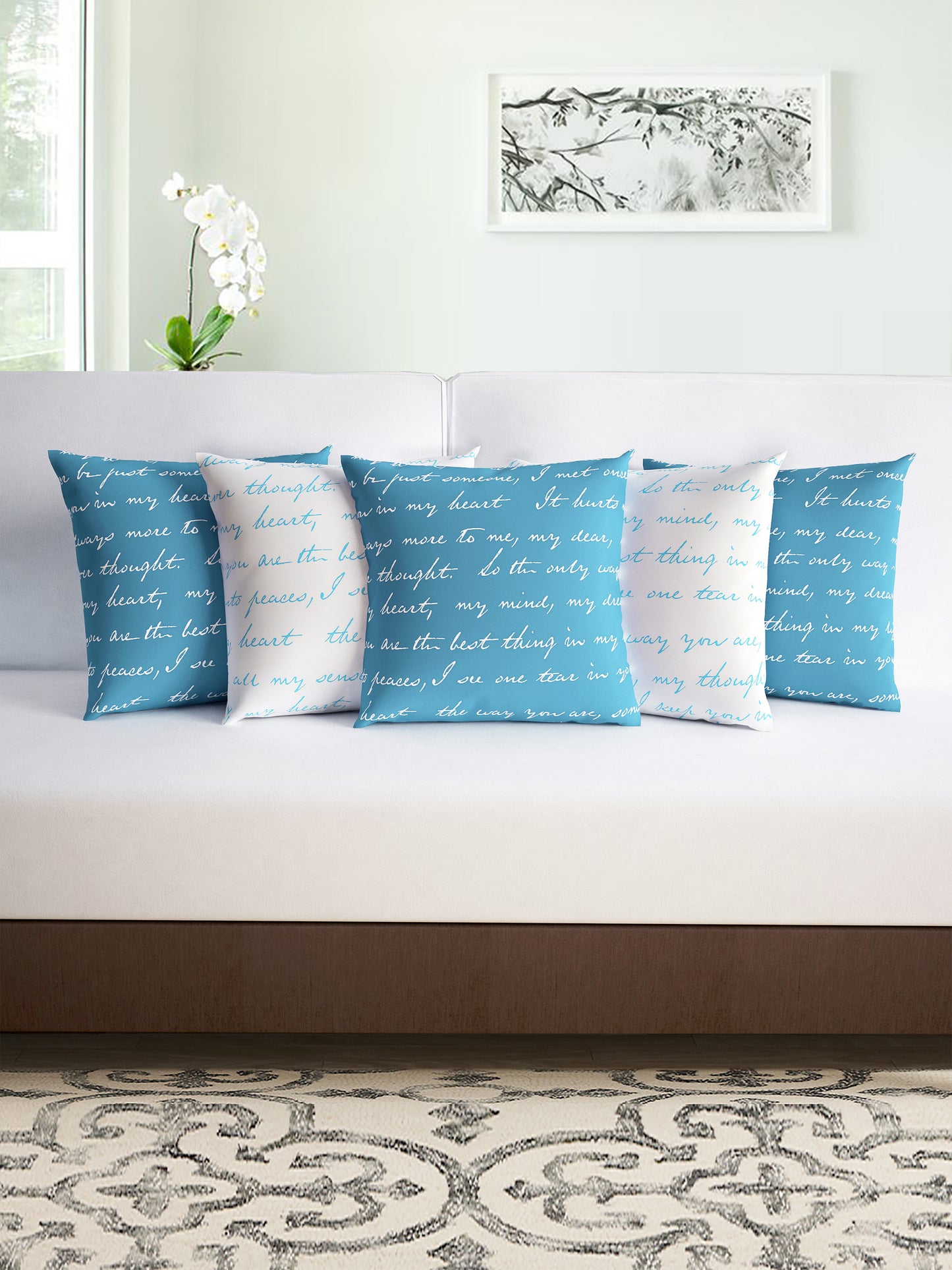 Light Blue Typographic Set of 5 Microfiber Cushion Covers - 16x16 Inches