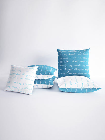 Light Blue Typographic Set of 5 Microfiber Cushion Covers - 16x16 Inches