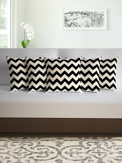 Black & White Abstract Printed Set of 5 Microfiber Cushion Covers 16x16 Inches