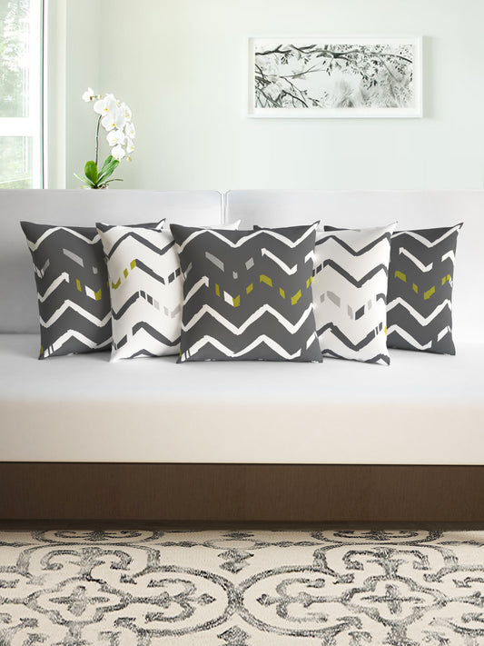 White Grey Abstract Printed Set of 5 Microfiber Cushion Covers 16x16 Inches