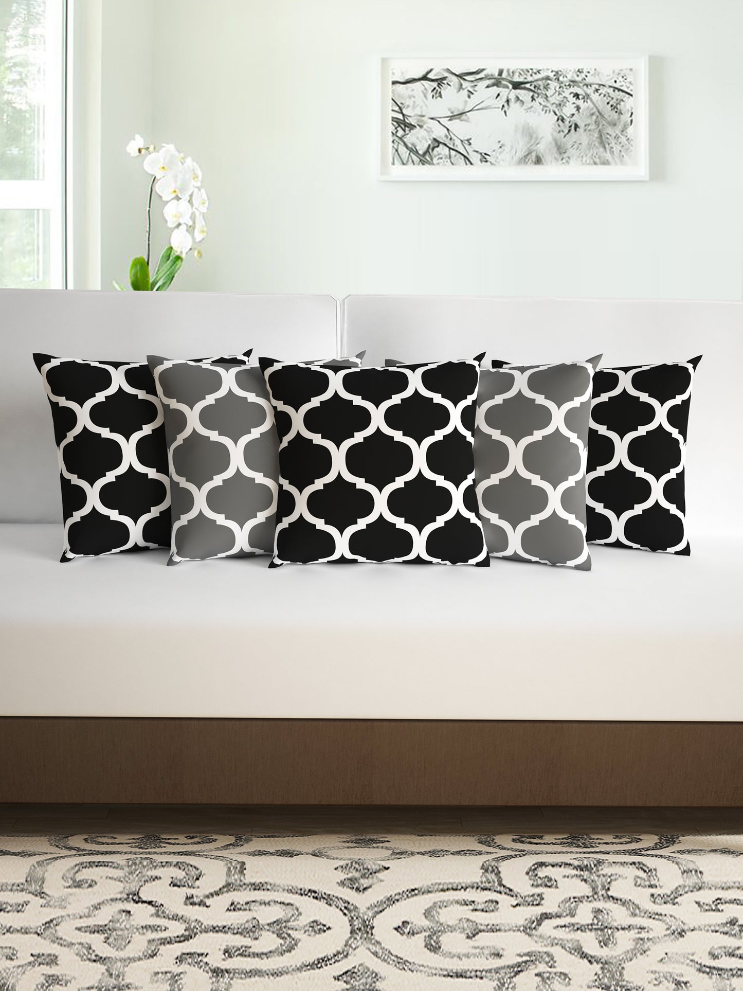 Black Bean Moroccan Printed Set of 5 Microfiber Cushion Covers 16x16 Inches