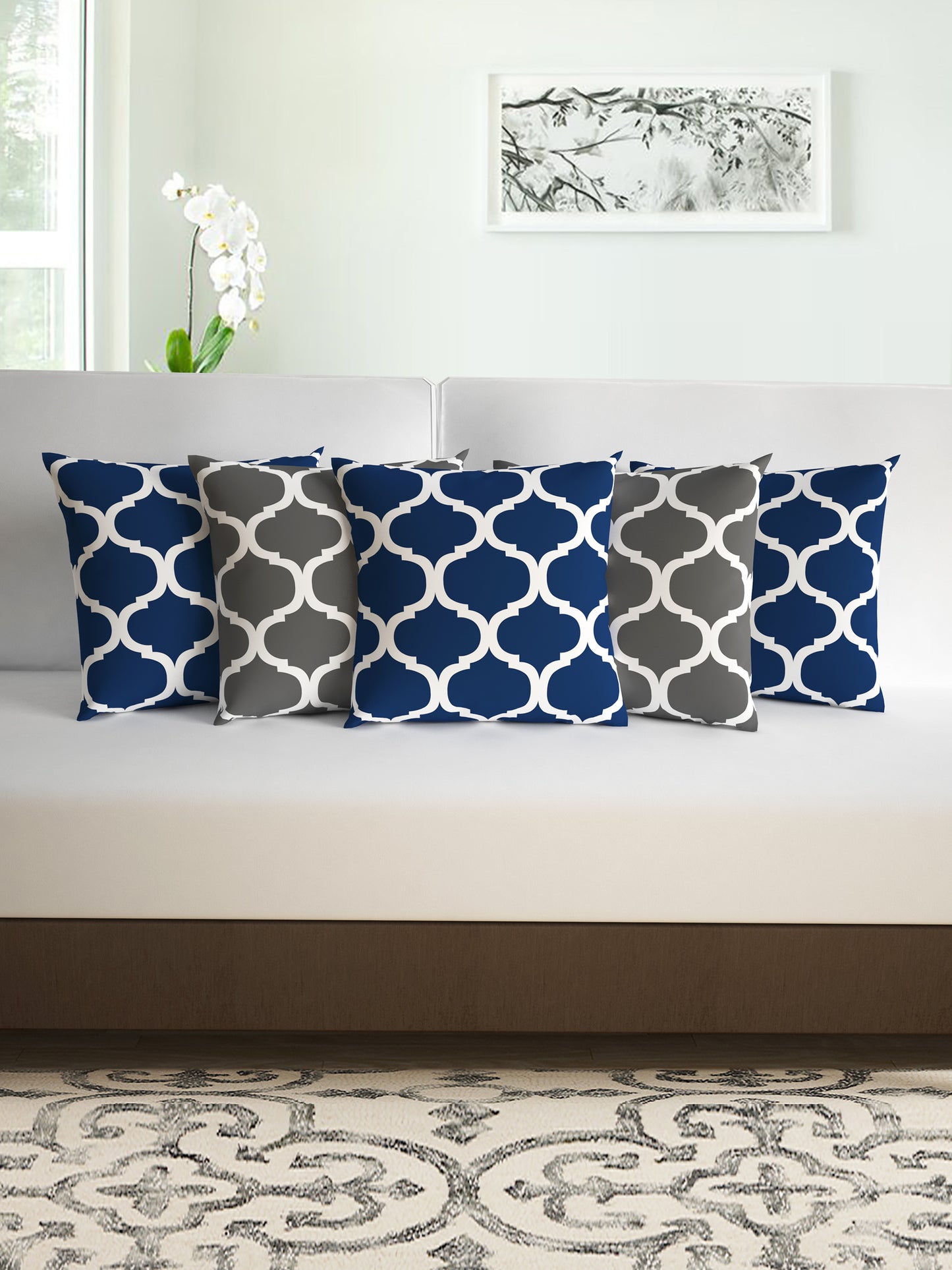Deep Blue Moroccan Set of 5 Microfiber Cushion Covers - 16x16 Inches