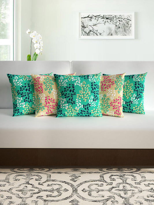 Teal & Beige Floral Microfiber Cushion Covers - Set of 5 16x16 Inches