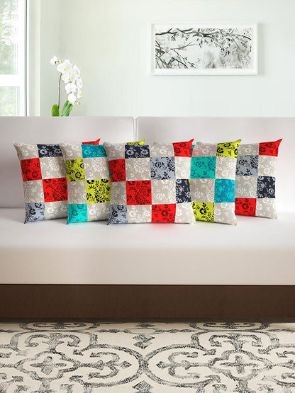 Multicolor Floral Set of 5 Microfiber Cushion Covers - 16x16 Inches