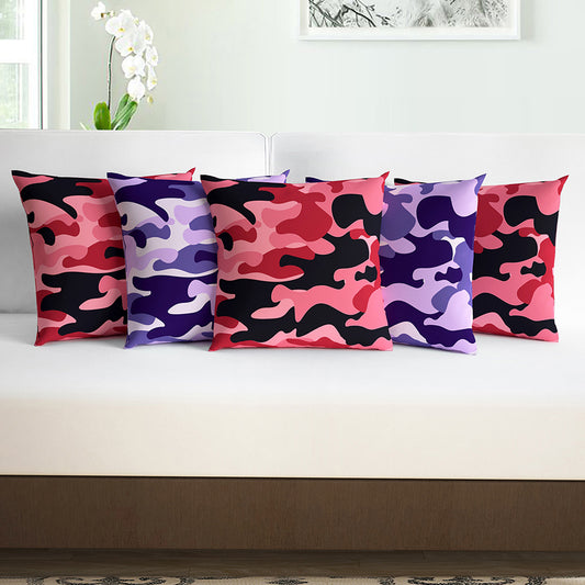 Red & Purple Abstract Printed Set of 5 Microfiber Cushion Covers 16x16 Inches