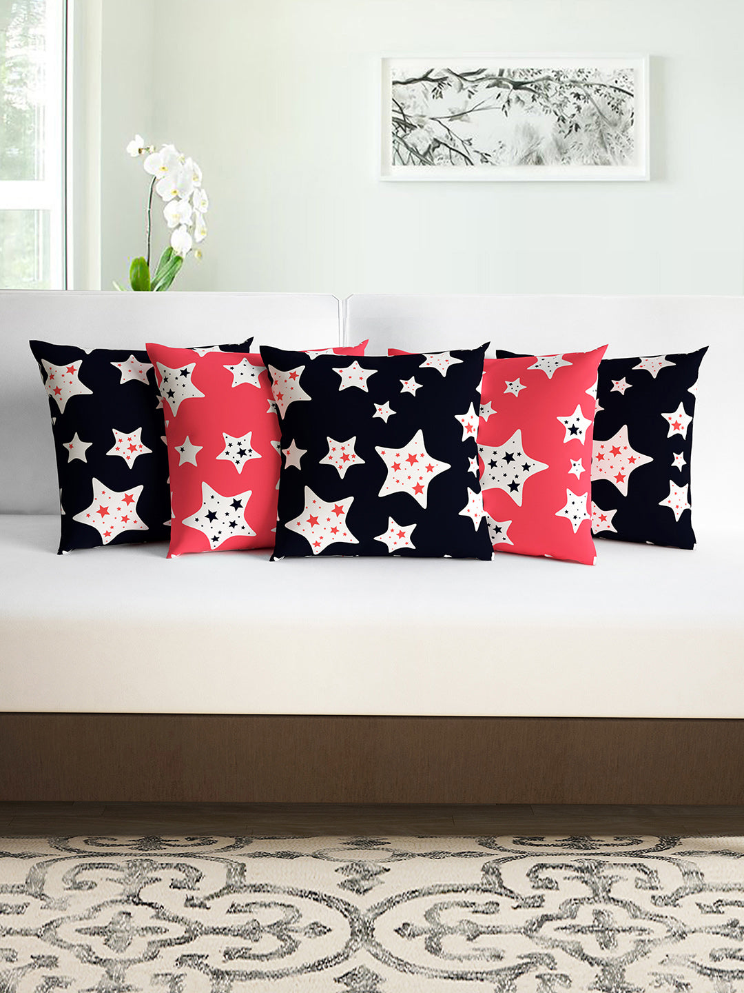 Red & Black Abstract Set of 5 Microfiber Cushion Covers - 16x16 Inches