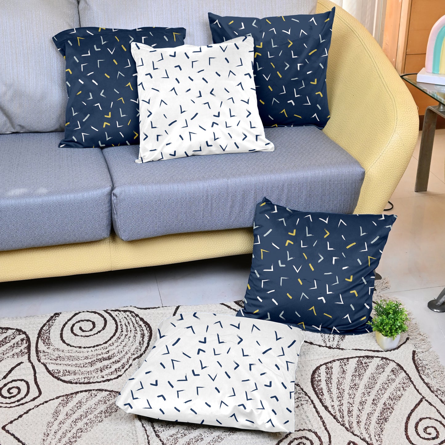 Navy Blue Arrow Printed Set of 5 Microfiber Cushion Covers 16x16 Inches