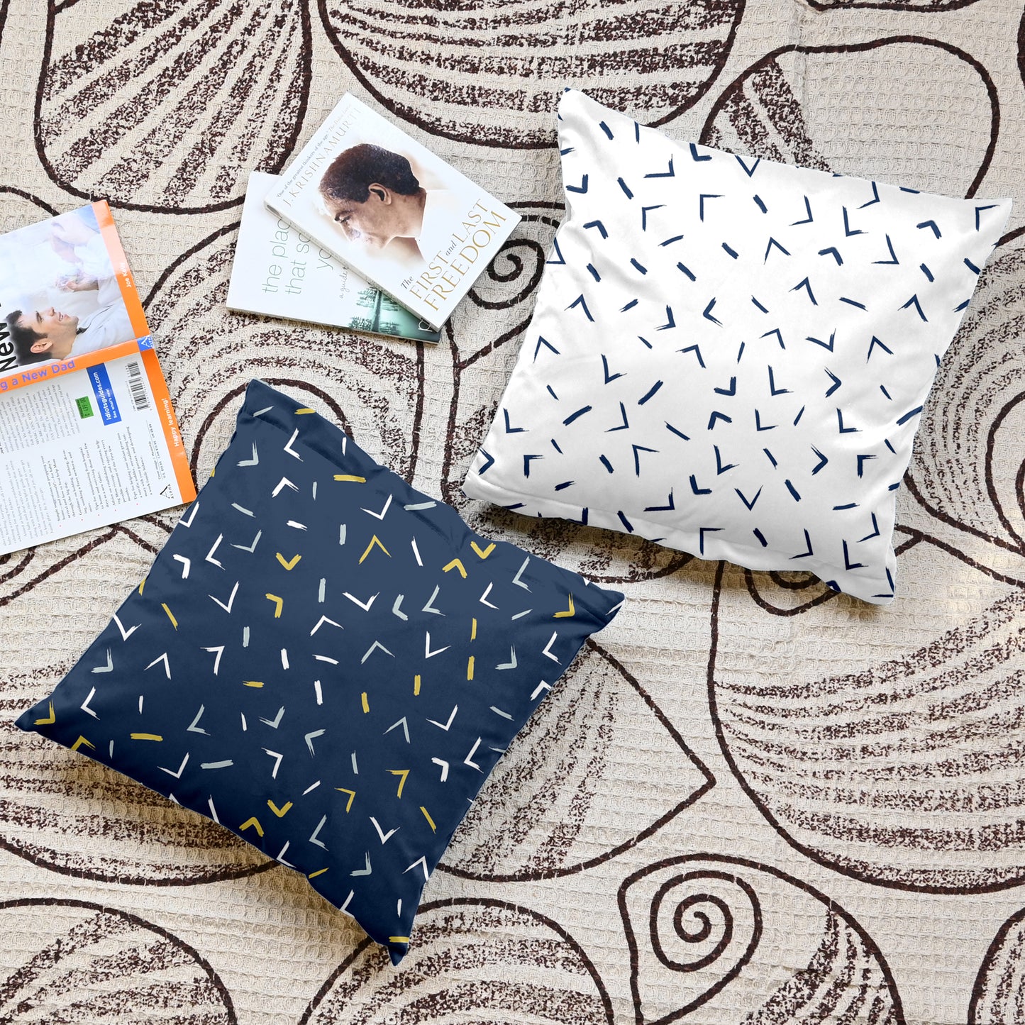 Navy Blue Arrow Printed Set of 5 Microfiber Cushion Covers 16x16 Inches