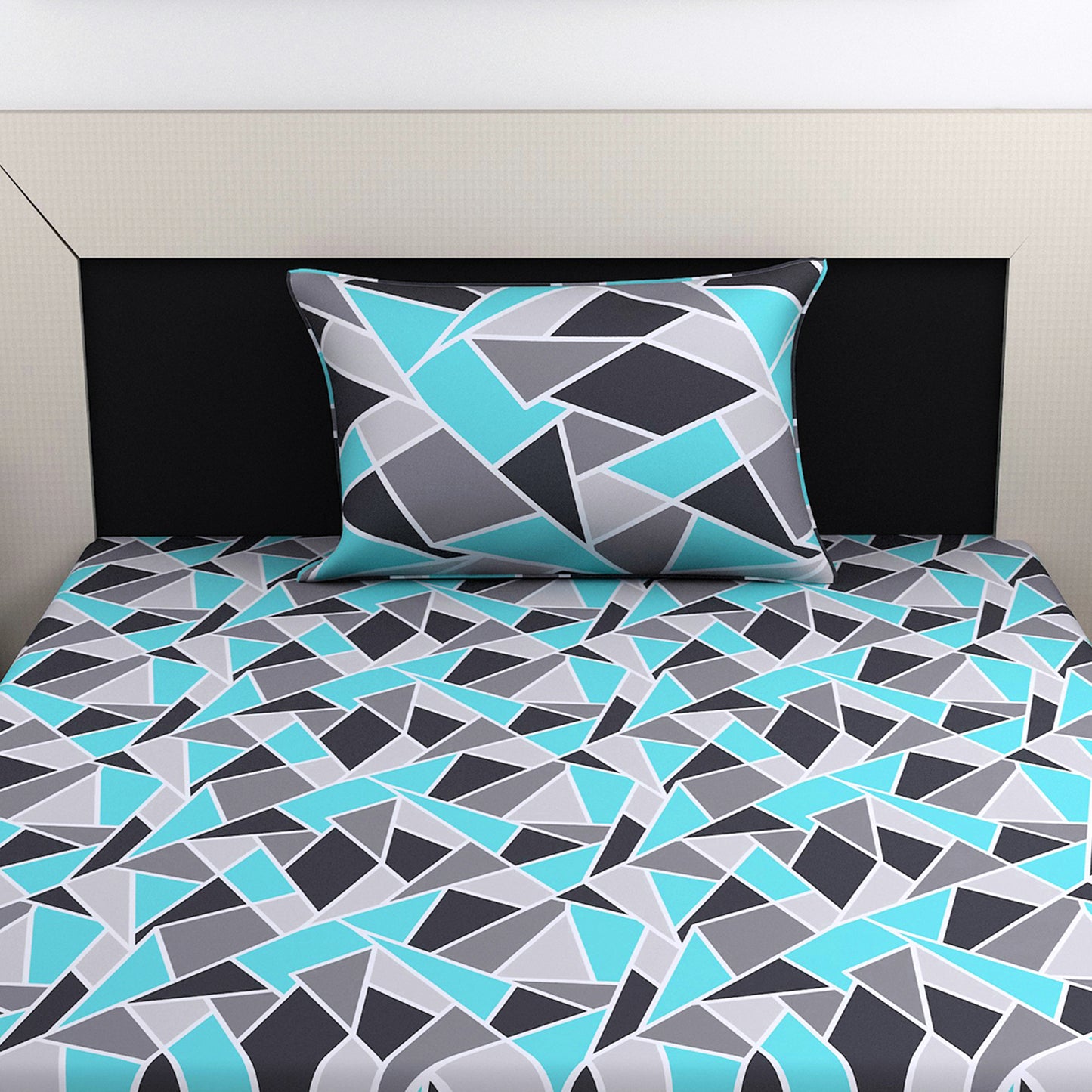 Triangle Blue and Grey Single Bed Bedsheet - 100% Cotton