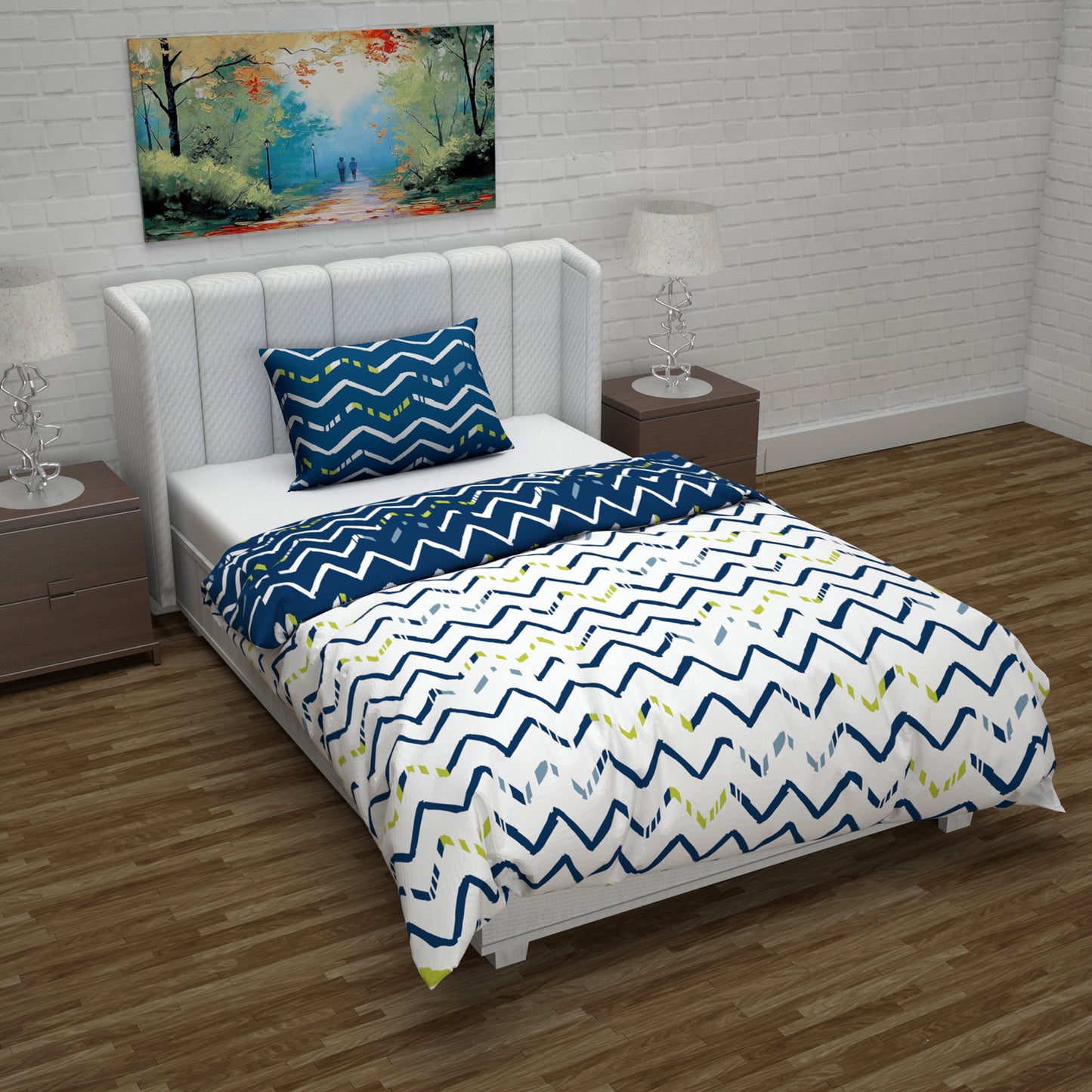 Microfiber Reversible Single Bed AC Duvet Cover with 1 Pillow Cover for Comforter - Navy Blue & White