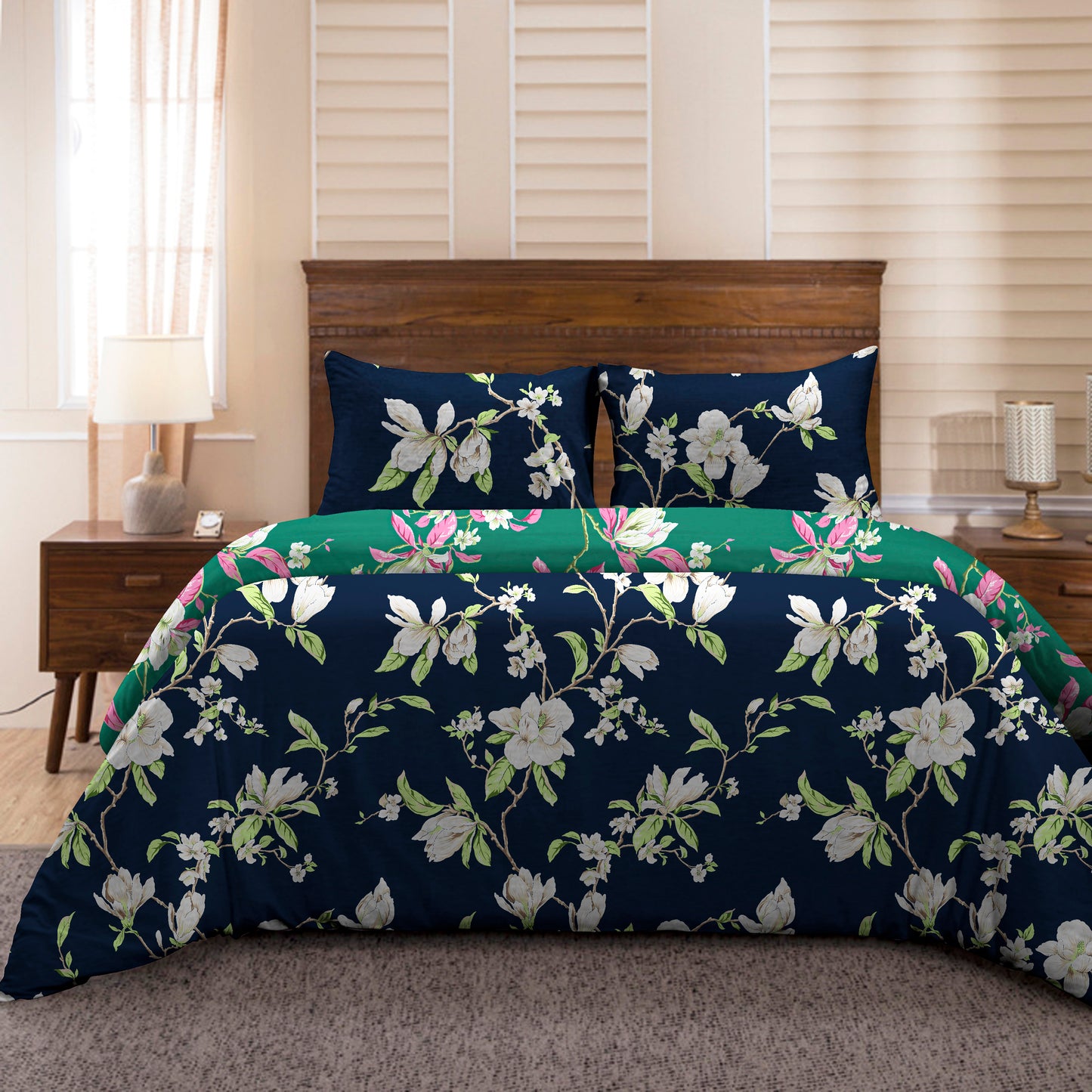 Microfiber Reversible Double Bed Queen Size Floral Printed Duvet Cover, Green & Navy Blue