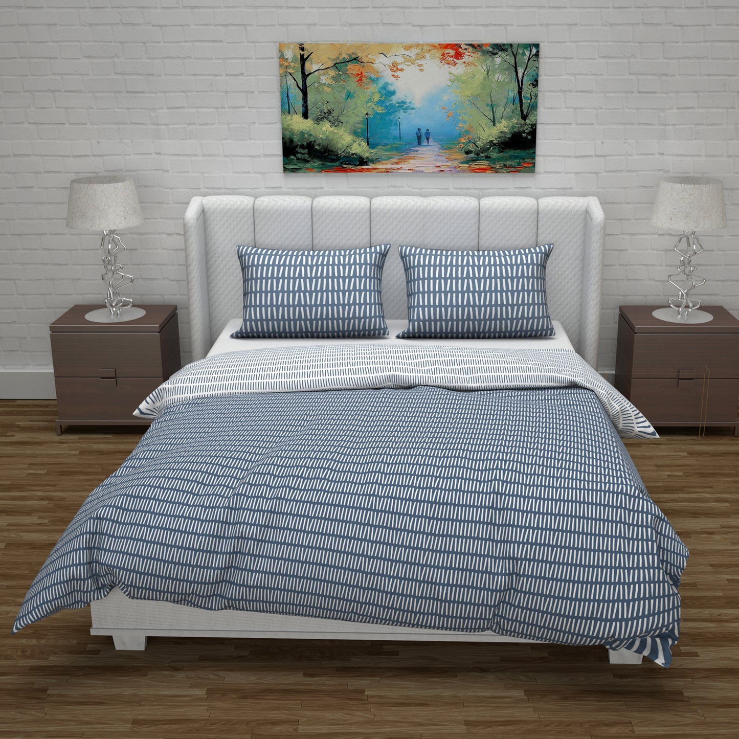 Microfiber Reversible Double Bed Queen Size Dash line Printed Duvet Cover - Blue and White