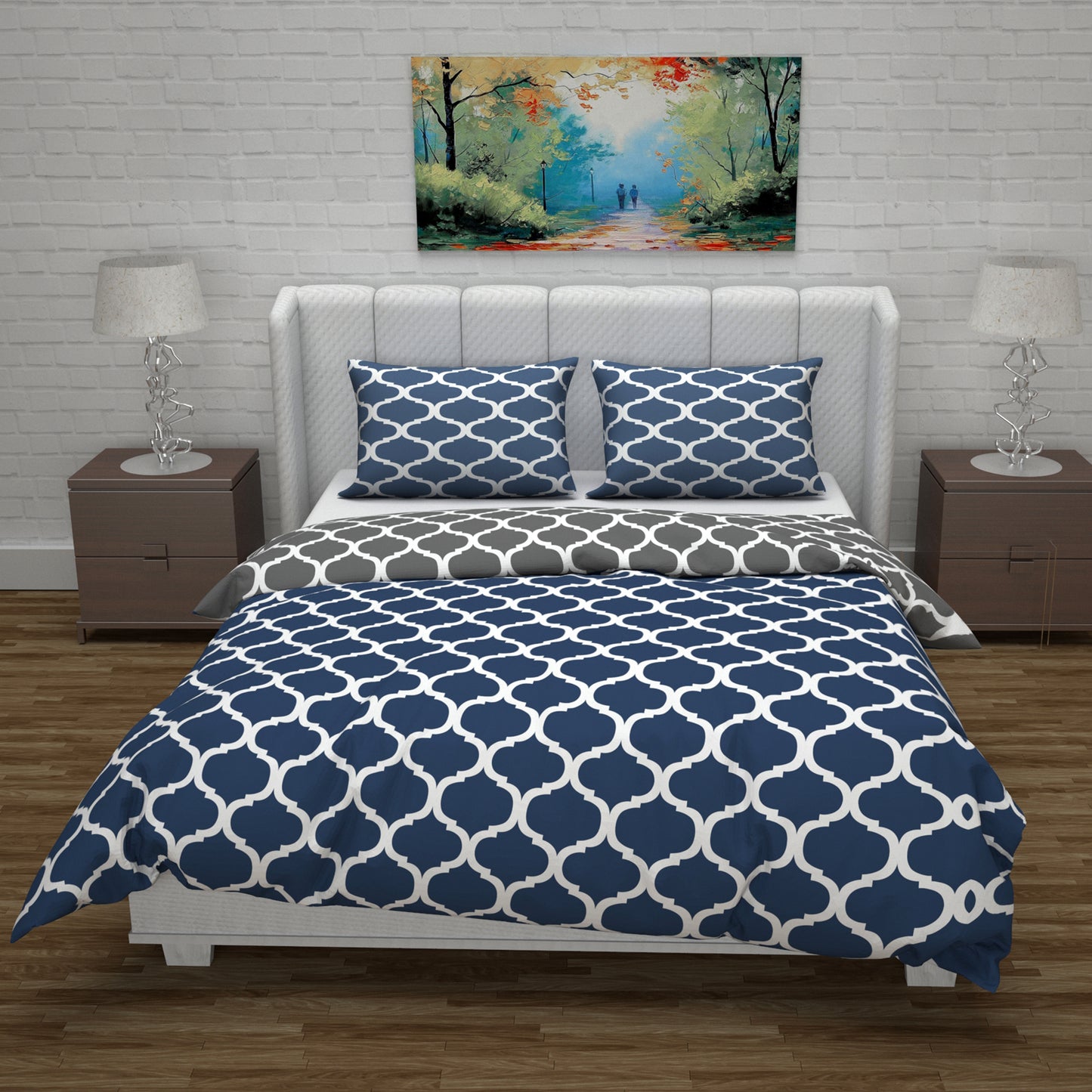 Microfiber Reversible Double Bed Queen Size Abstract Printed Duvet Cover - Deep Blue & Grey
