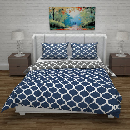 Microfiber Reversible Double Bed Queen Size Abstract Printed Duvet Cover - Deep Blue & Grey
