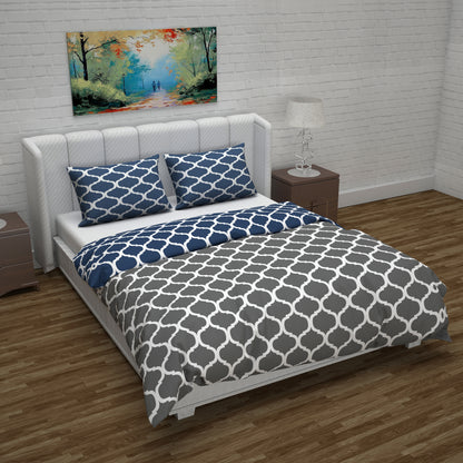 Microfiber Reversible Double Bed Queen Size Abstract Printed Duvet Cover - Deep Blue & Grey