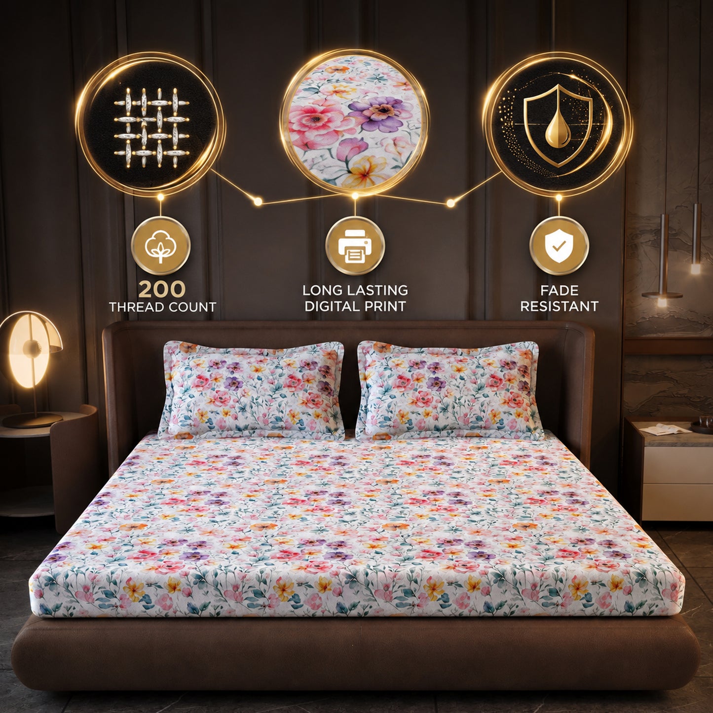 Multicolor Floral Digital Print 200 TC Percale Cotton King Bedsheet