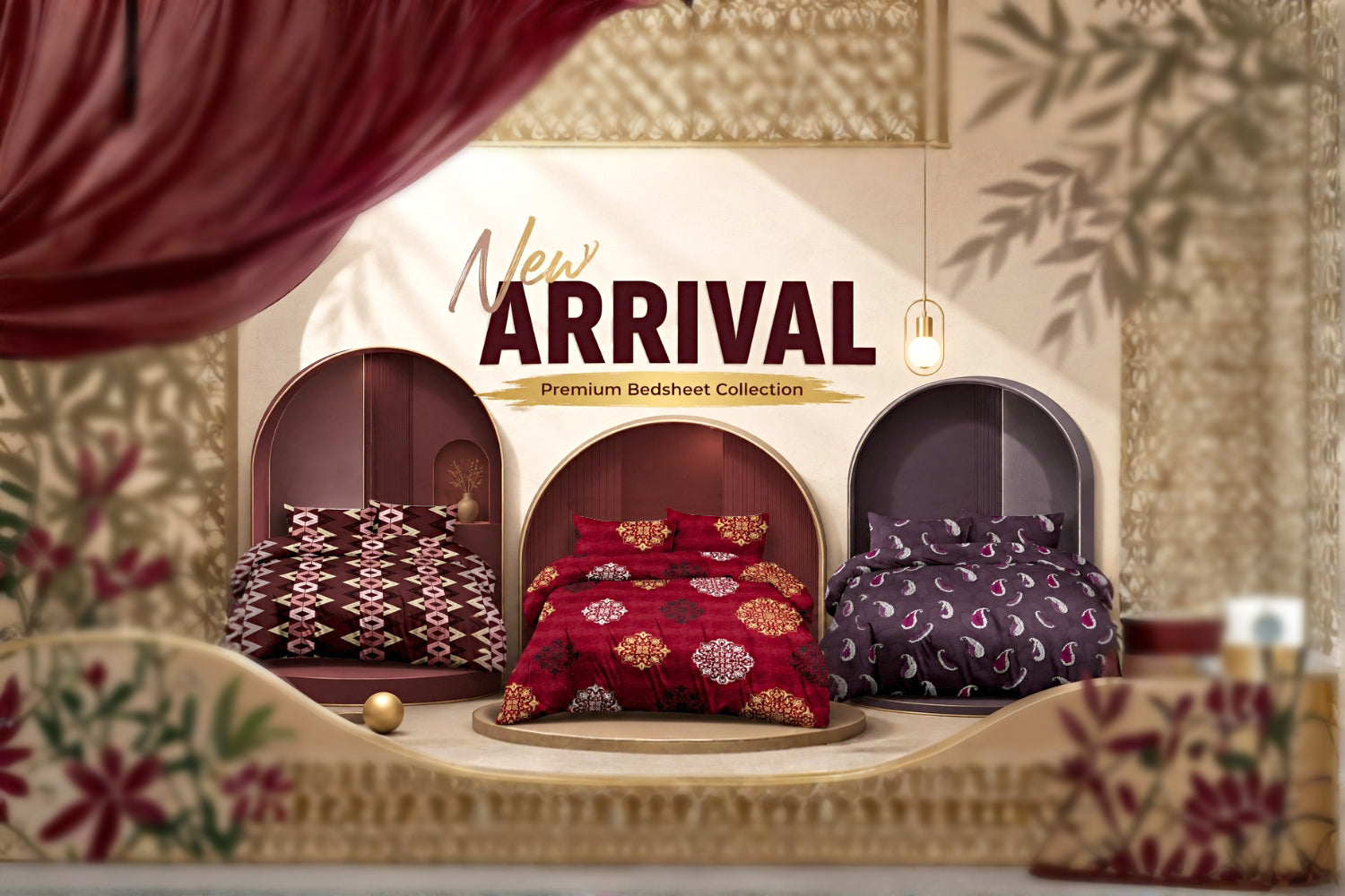 Promotional banner for a 'New ARRIVAL Premium Bedsheet Collection' showcasing three styled bed setups with patterned and floral birdsheet covers under a decorative archway.