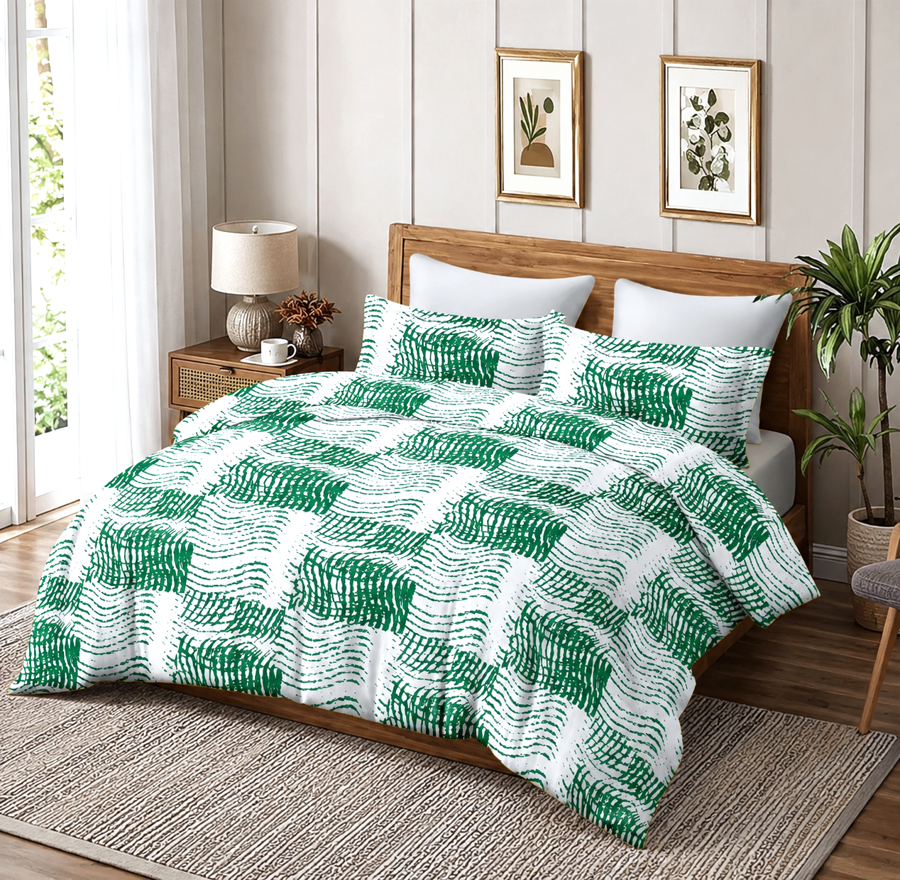 Wave Harmony Print Pure Cotton Green King Bedsheet – 180 TC
