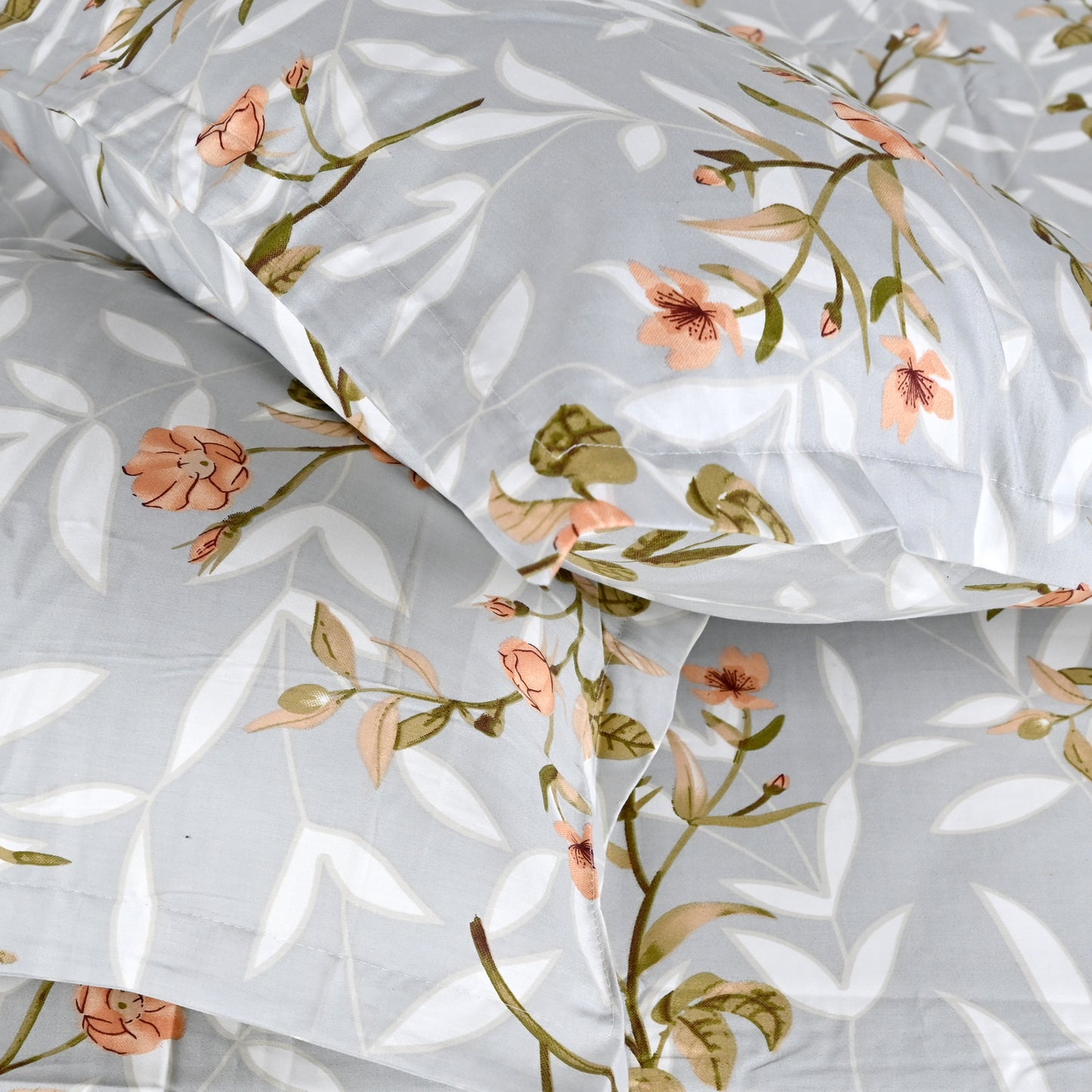210 TC Elegant Floral Grey King Size Bedsheet with 2 Pillow Covers