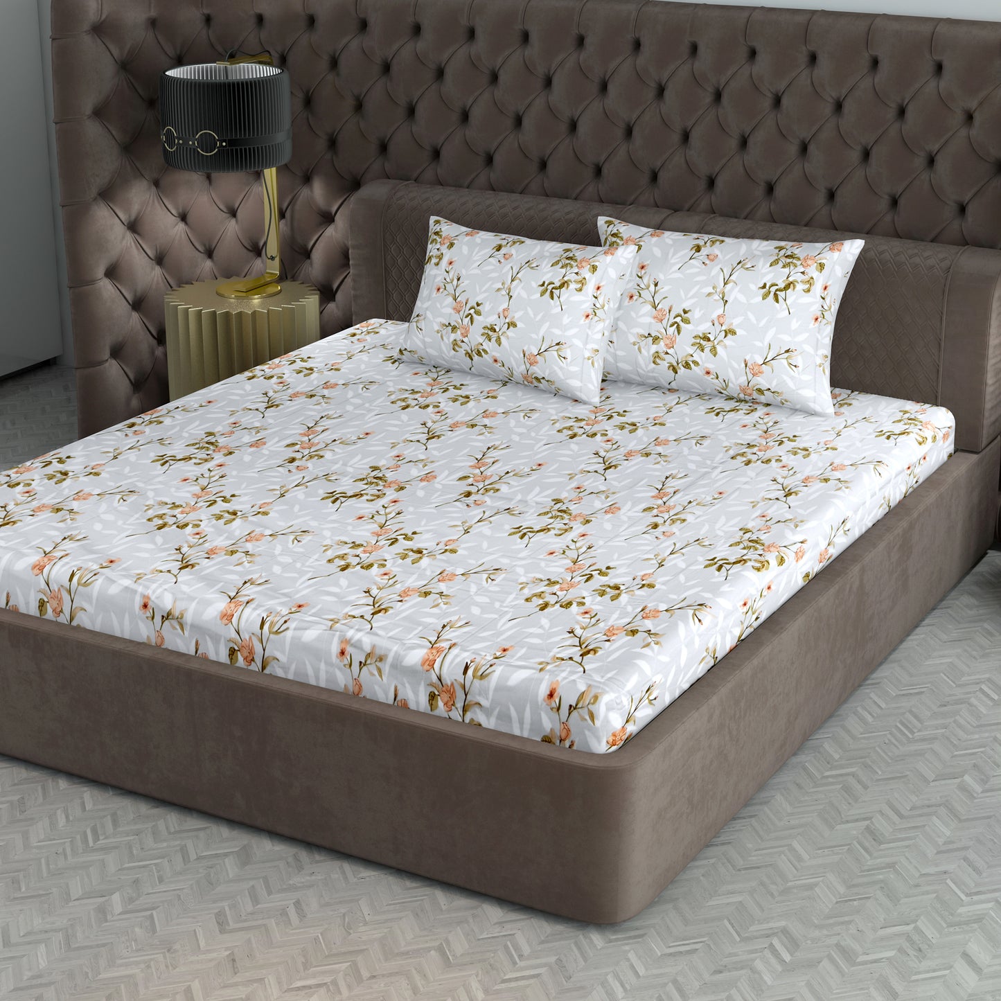 210 TC Elegant Floral Grey King Size Bedsheet with 2 Pillow Covers