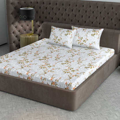 210 TC Elegant Floral Grey King Size Bedsheet with 2 Pillow Covers