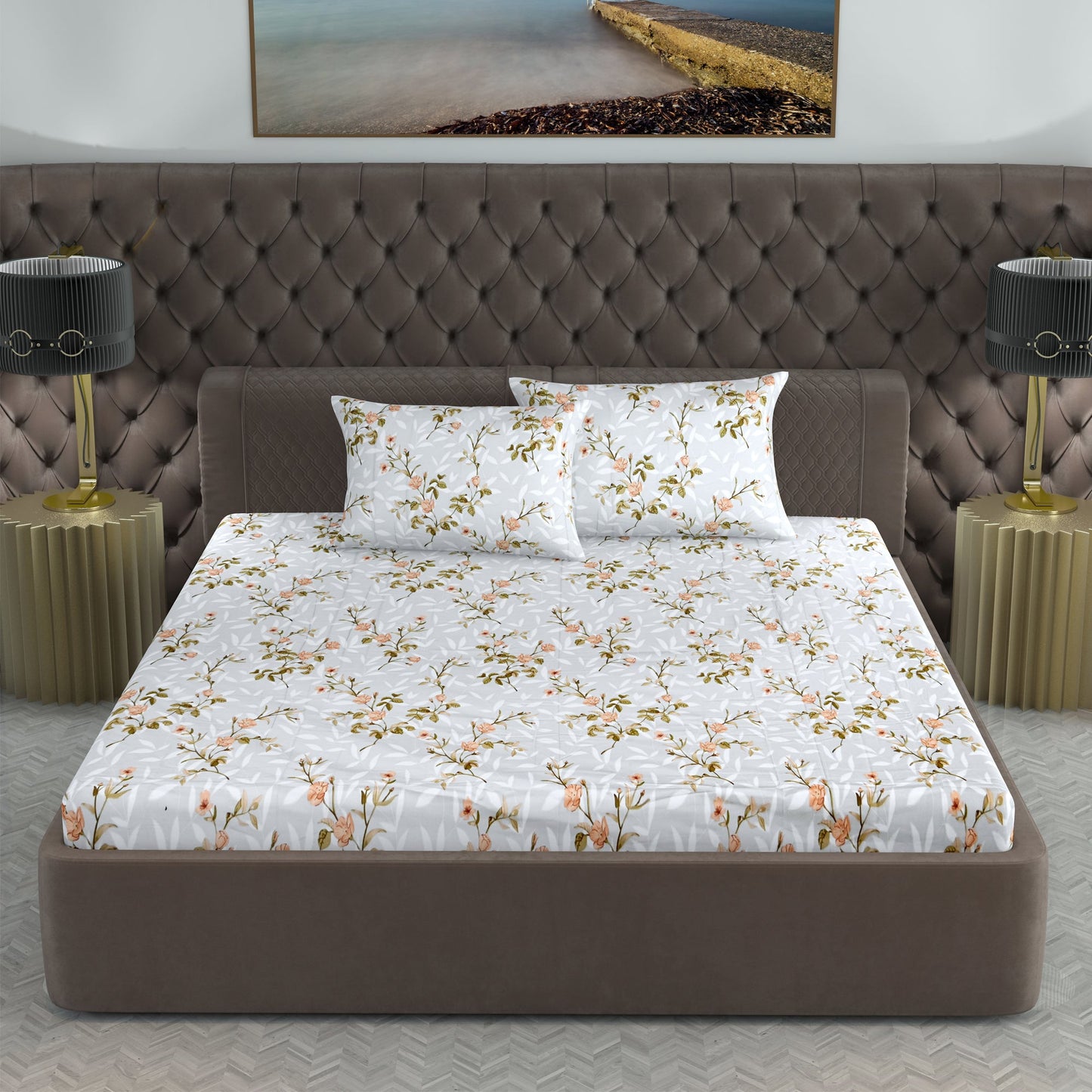210 TC Elegant Floral Grey King Size Bedsheet with 2 Pillow Covers