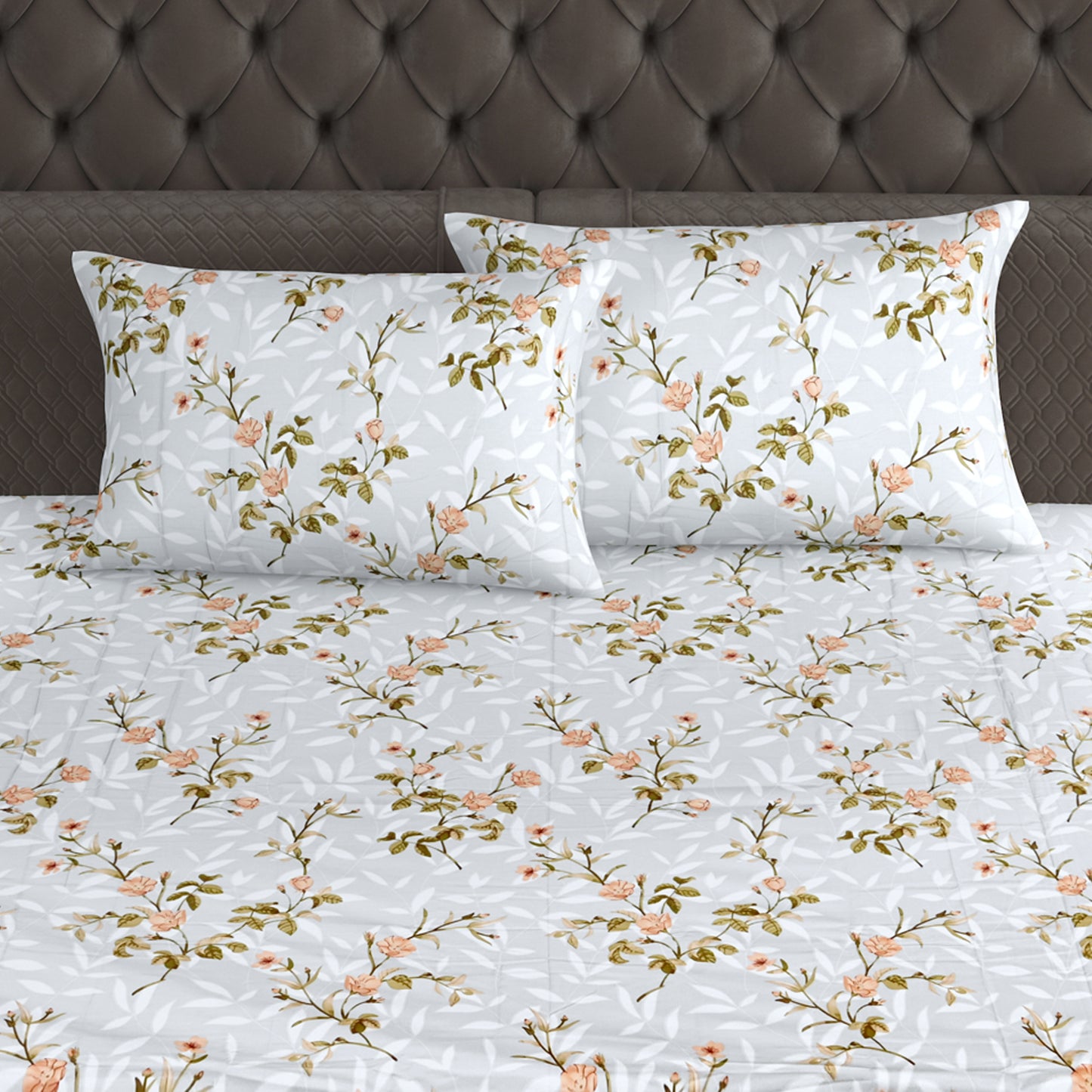210 TC Elegant Floral Grey King Size Bedsheet with 2 Pillow Covers