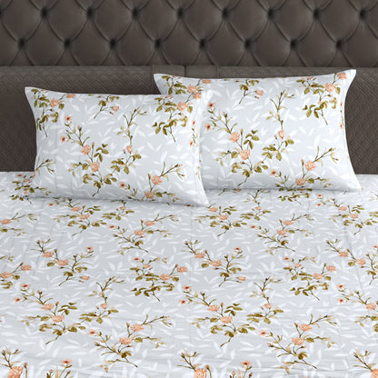 210 TC Elegant Floral Grey King Size Bedsheet with 2 Pillow Covers