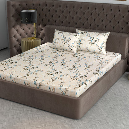210 TC Elegant Floral Gold King Size Bedsheet with 2 Pillow Covers