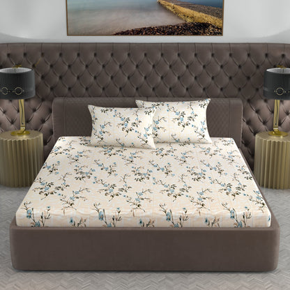 210 TC Elegant Floral Gold King Size Bedsheet with 2 Pillow Covers