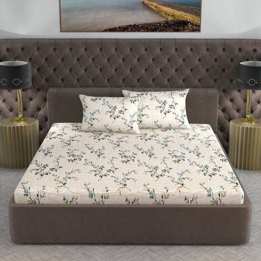 210 TC Elegant Floral Gold King Size Bedsheet with 2 Pillow Covers
