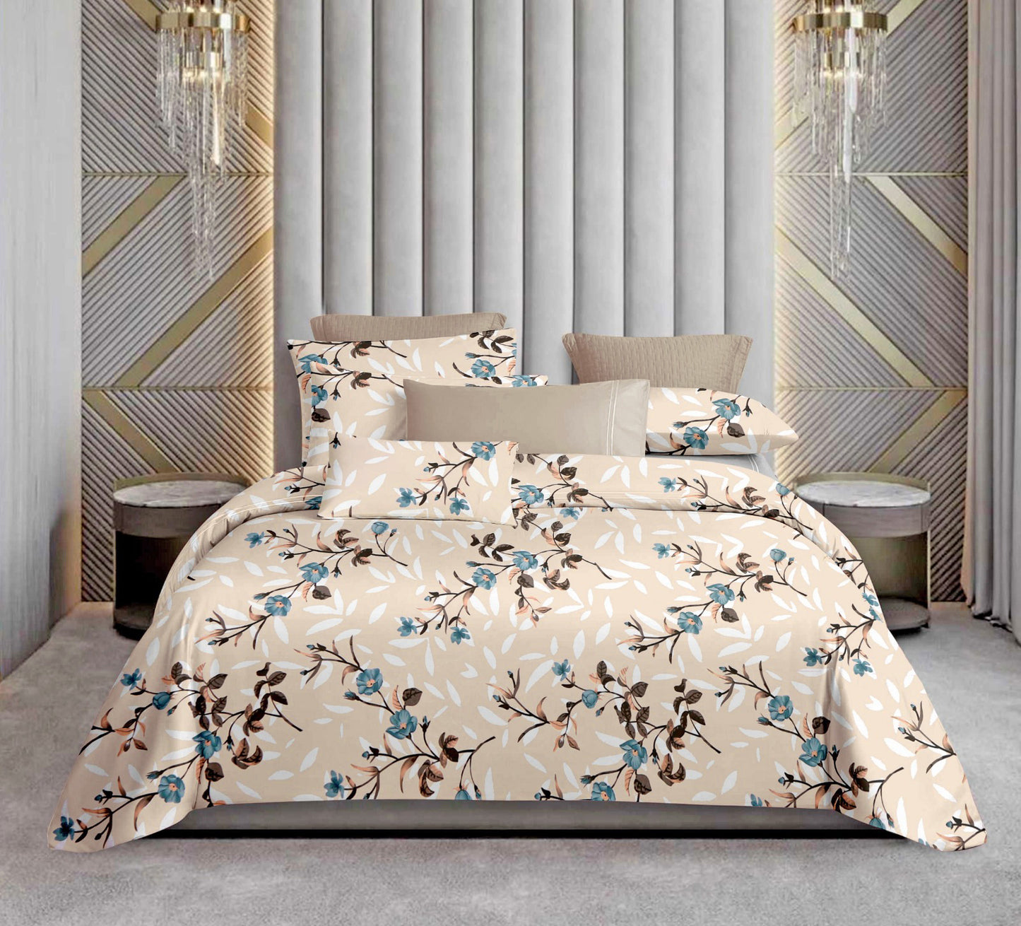 210 TC Elegant Floral Gold King Size Bedsheet with 2 Pillow Covers