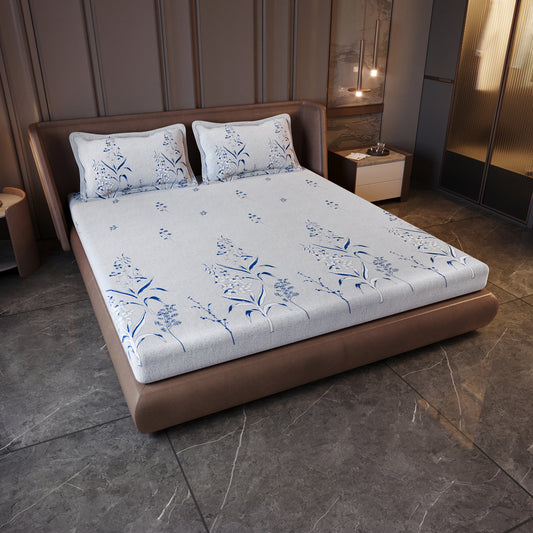 Blue Blossom Pure Cotton White & Blue Floral King Bedsheet  – 180 TC
