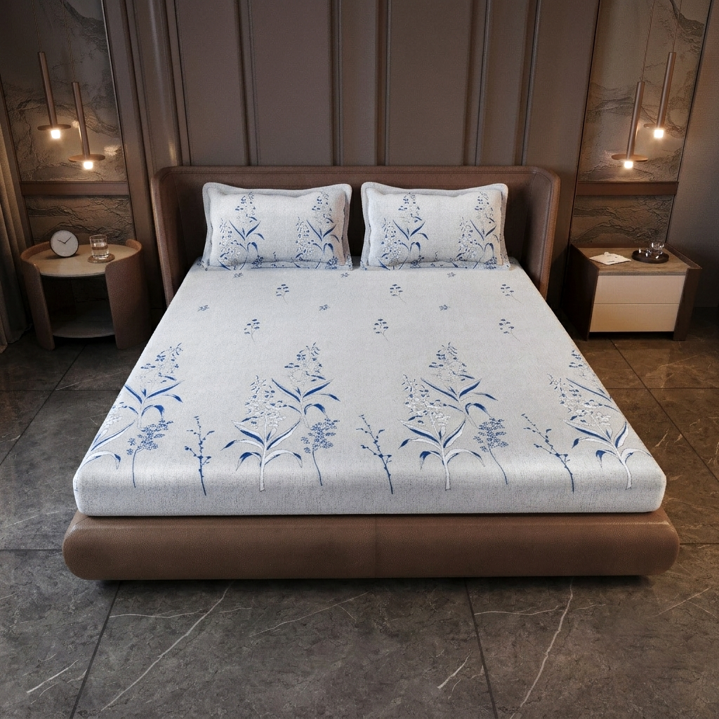 Blue Blossom Pure Cotton White & Blue Floral King Bedsheet  – 180 TC