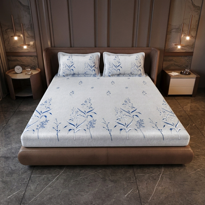 Blue Blossom Pure Cotton White & Blue Floral King Bedsheet  – 180 TC