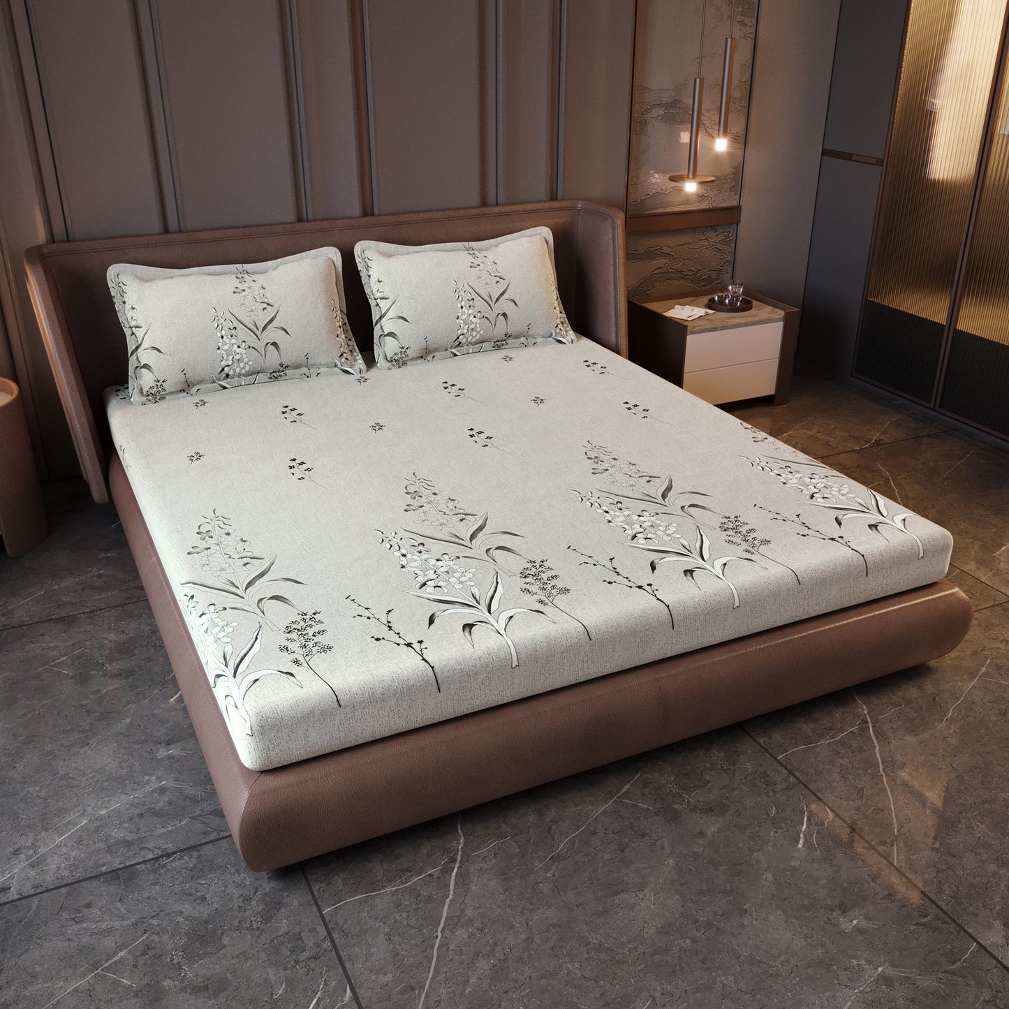 Silver Blossom Pure Cotton Grey Floral King Bedsheet  – 180 TC