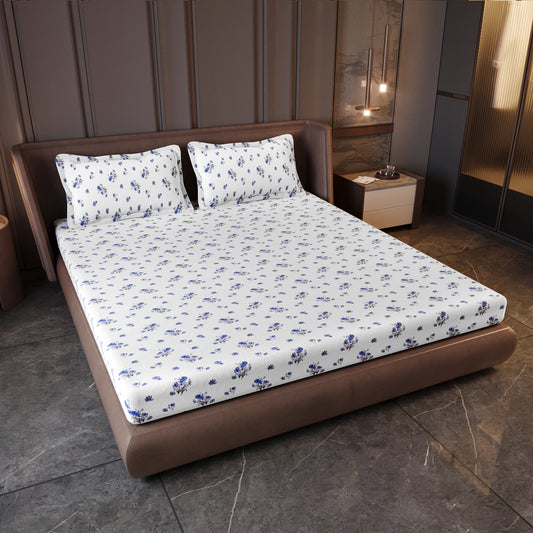Blue Petals Pure Cotton White & Blue Floral King Bedsheet – 180 TC
