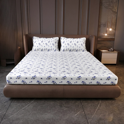 Blue Petals Pure Cotton White & Blue Floral King Bedsheet – 180 TC