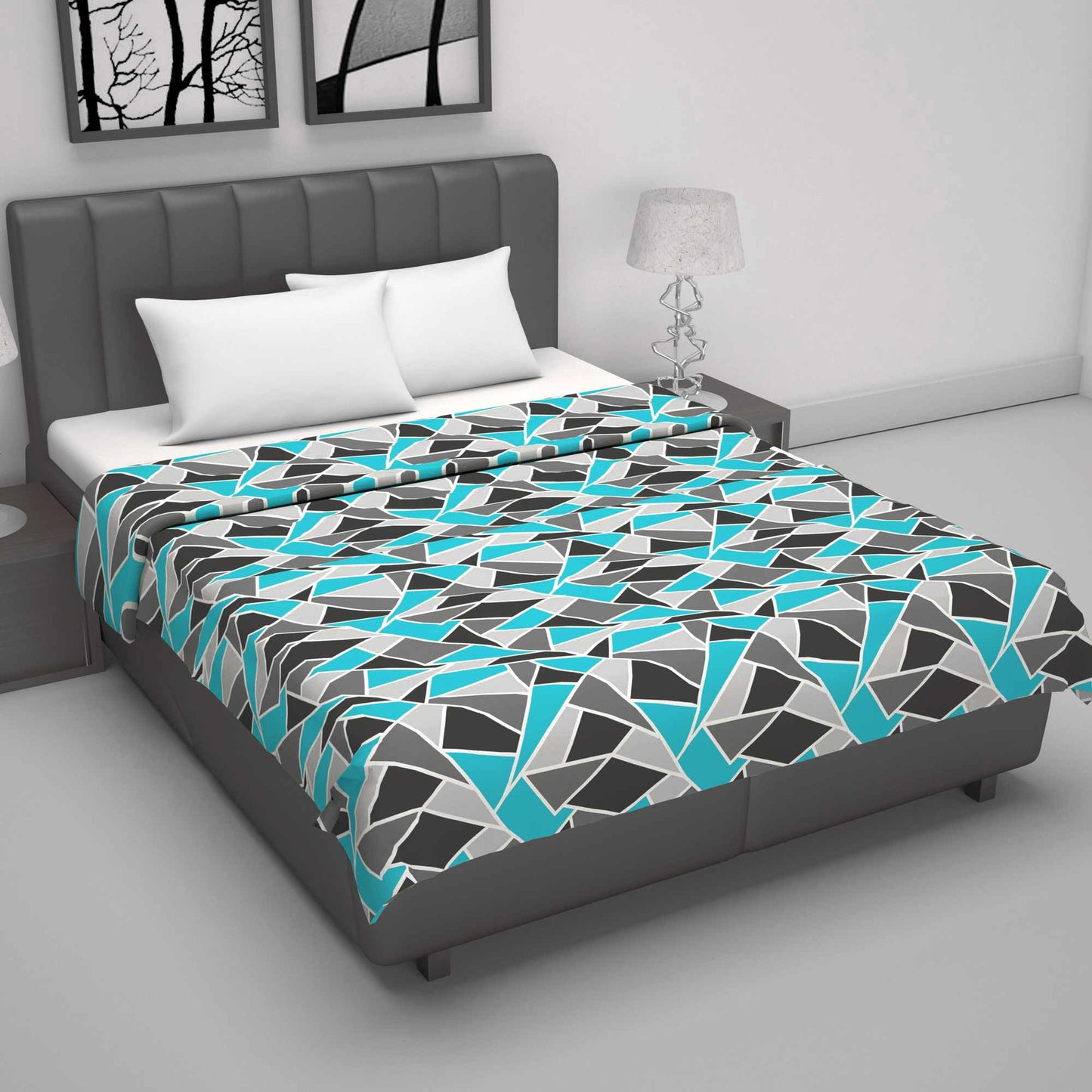 Blue Grey 100% Cotton 120 GSM Reversible Geometric Printed Double Bed AC Dohar Blanket For Mild Winter