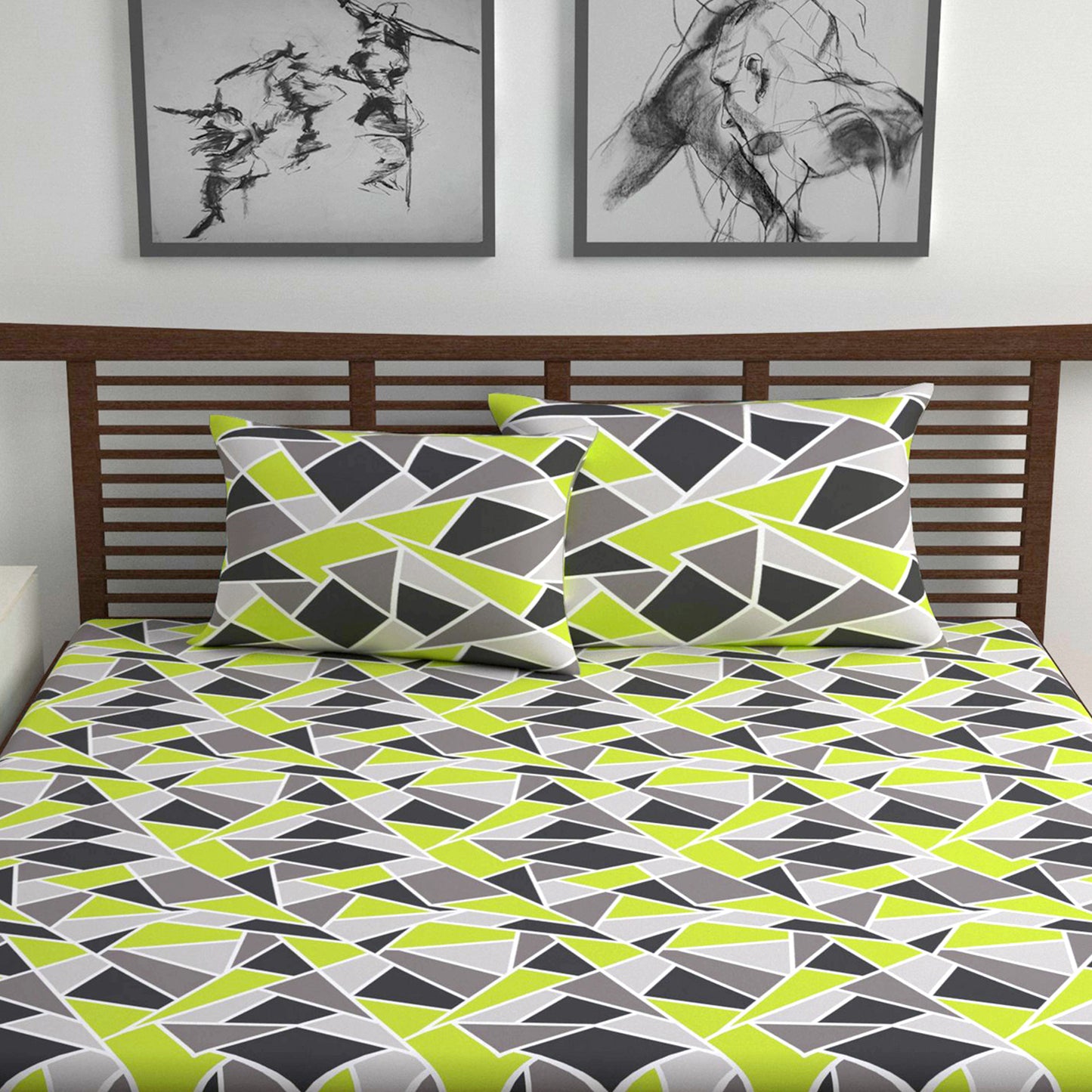 Triangle Lime Green and Grey Bedsheet for Double Bed - 100% Cotton