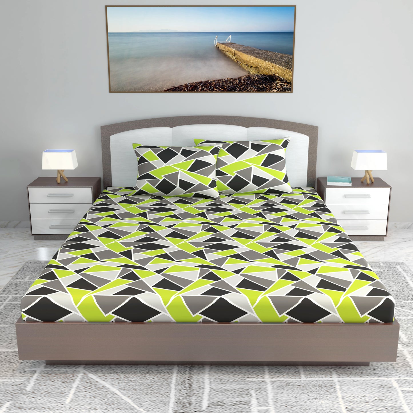 Triangle Lime Green and Grey Bedsheet for King Size Bed - 100% Cotton