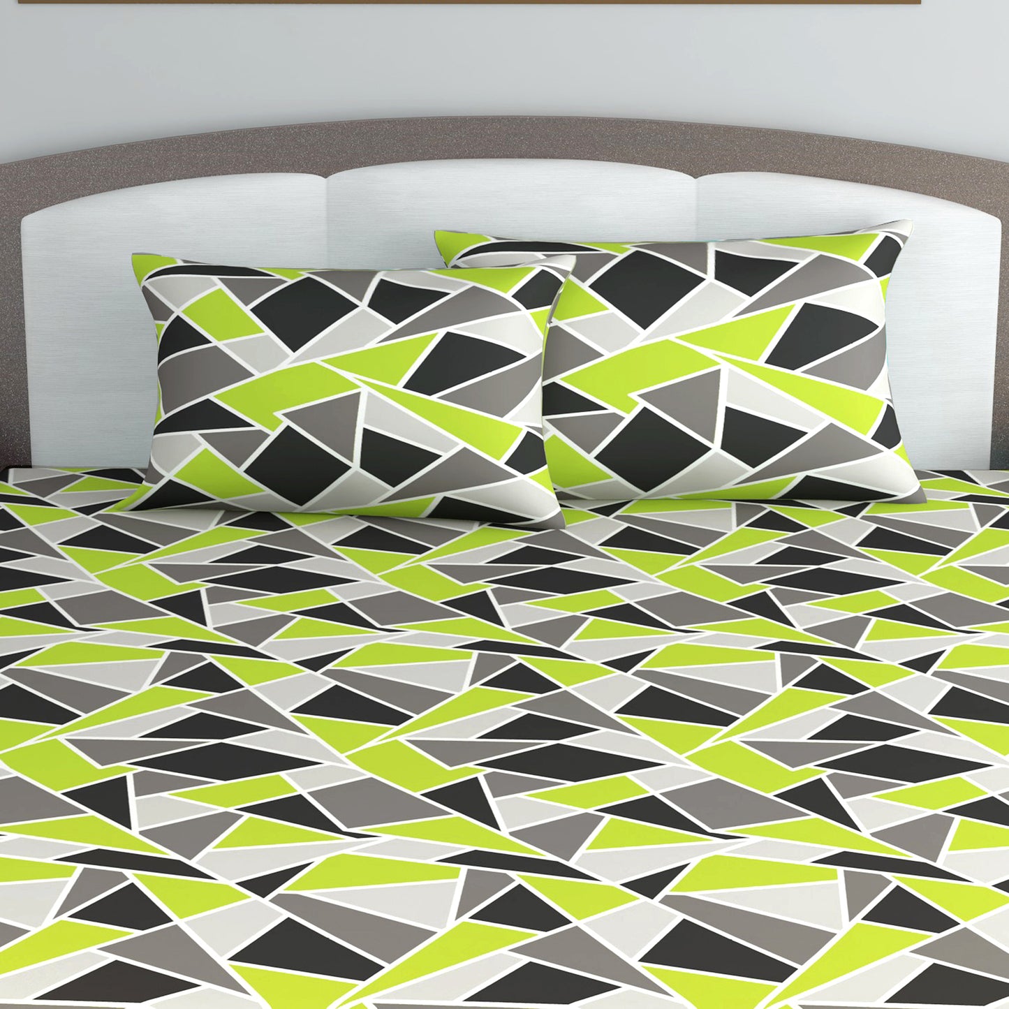 Triangle Lime Green and Grey Bedsheet for King Size Bed - 100% Cotton