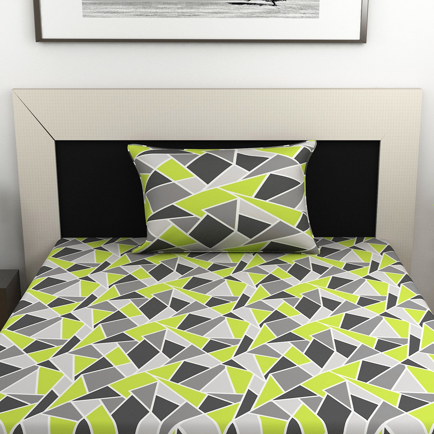 Triangle Lime Green and Grey Bedsheet for Single Bed - 100% Cotton