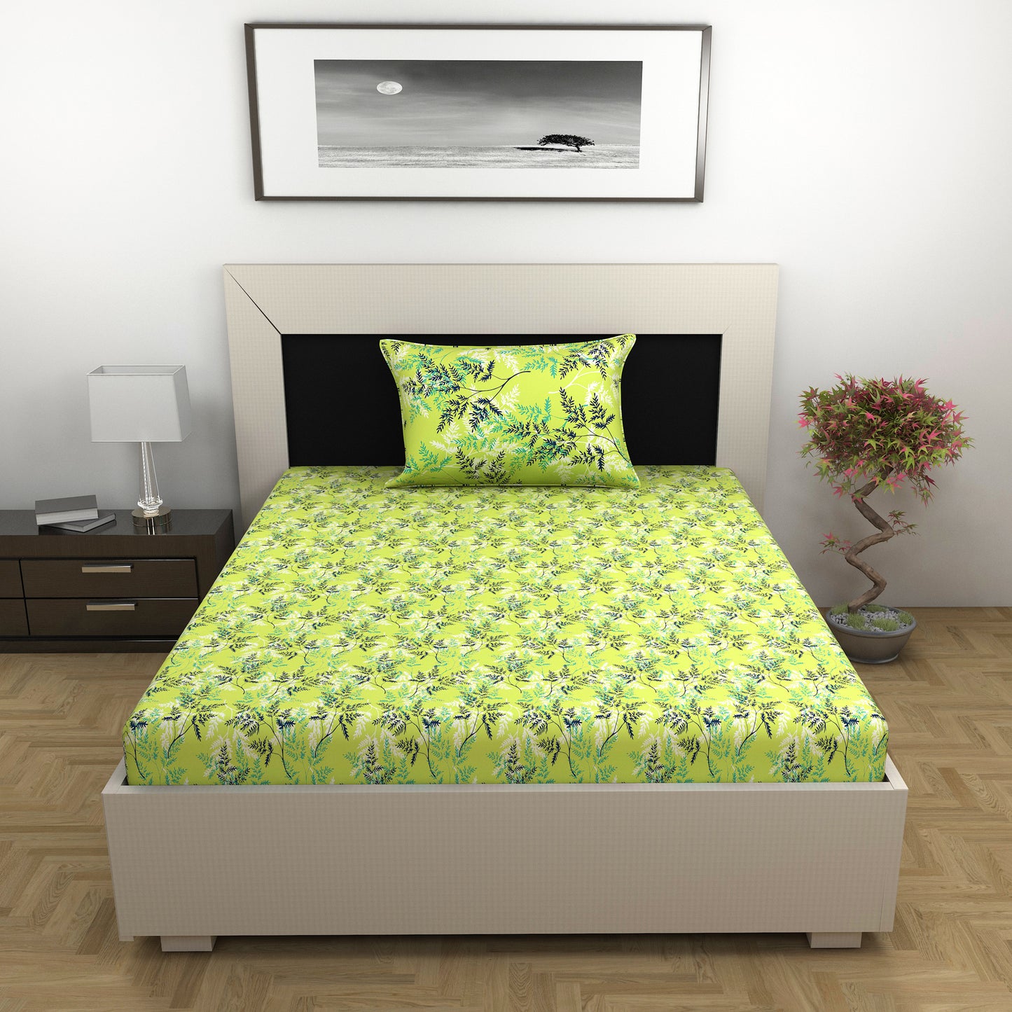 Lady Fern Floral Lime Green Bedsheet for Single Bed - 100% Cotton