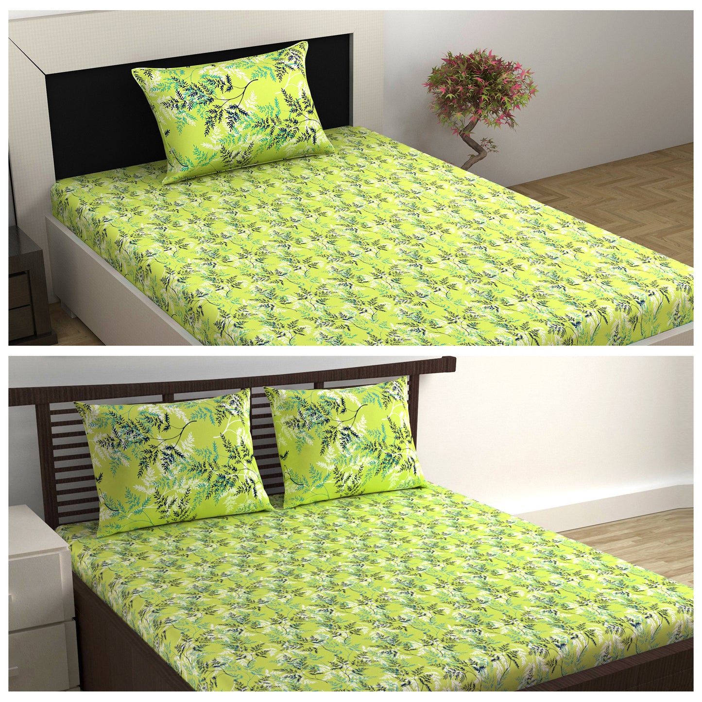 Lady Fern Floral Lime Combo Bedsheet for Single and Double Bed