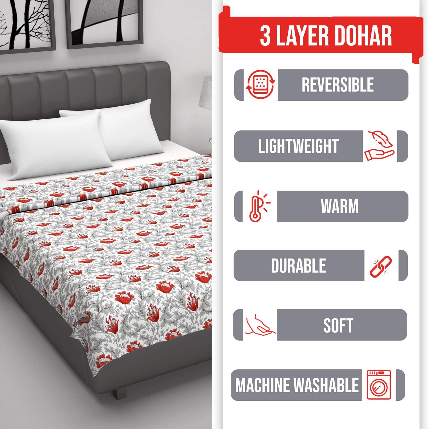 Tulip Floral Grey and Red All Season AC Dohar for Single Bed