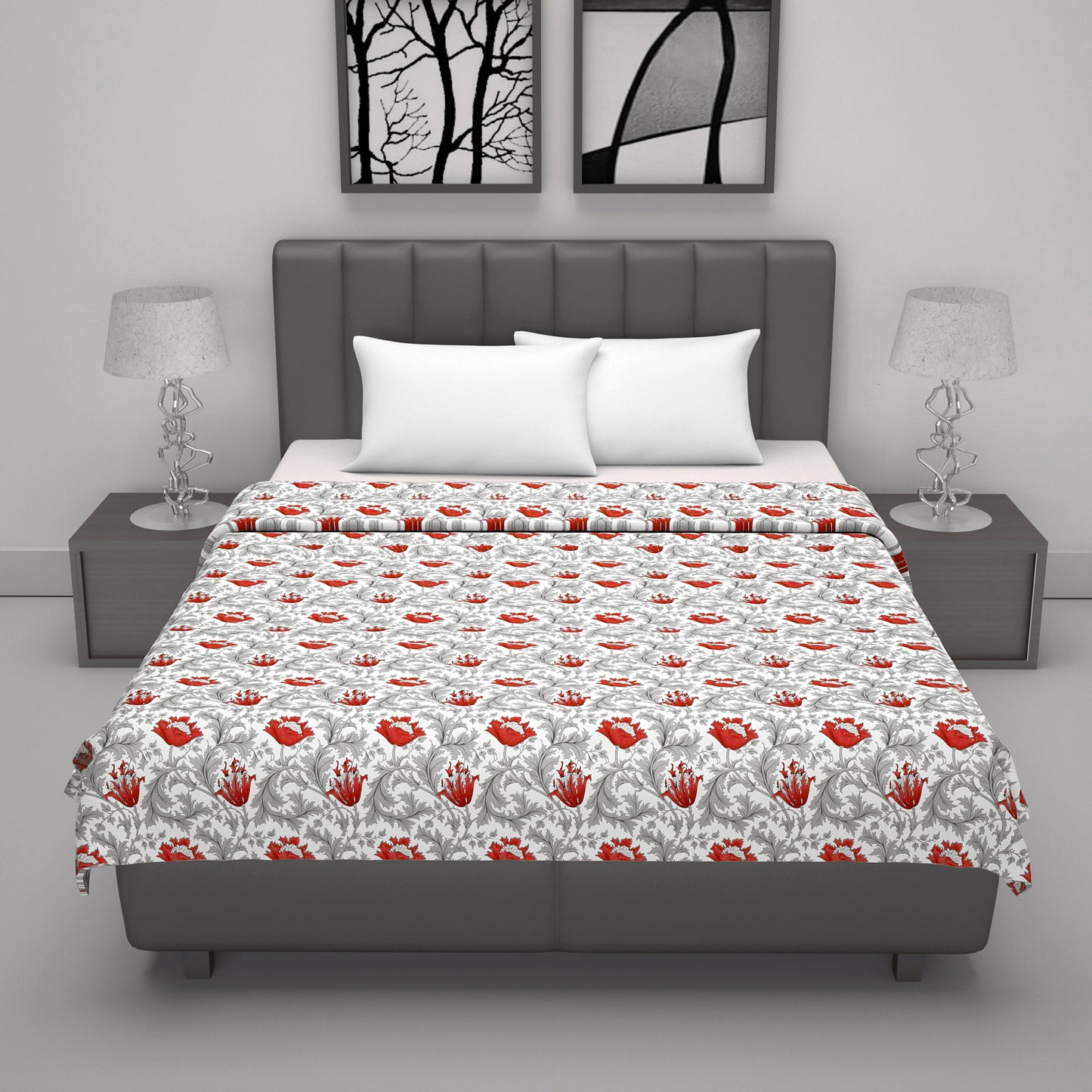 Tulip Floral Grey and Red All Season AC Dohar for Double Bed