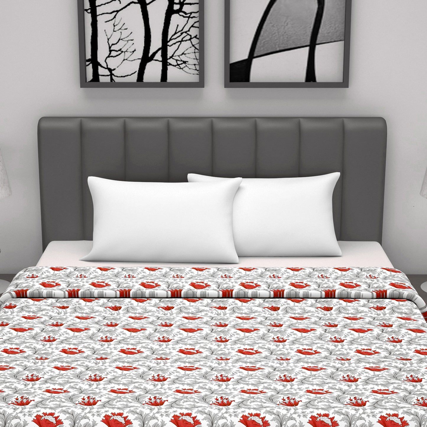 Tulip Floral Grey and Red All Season AC Dohar for Double Bed