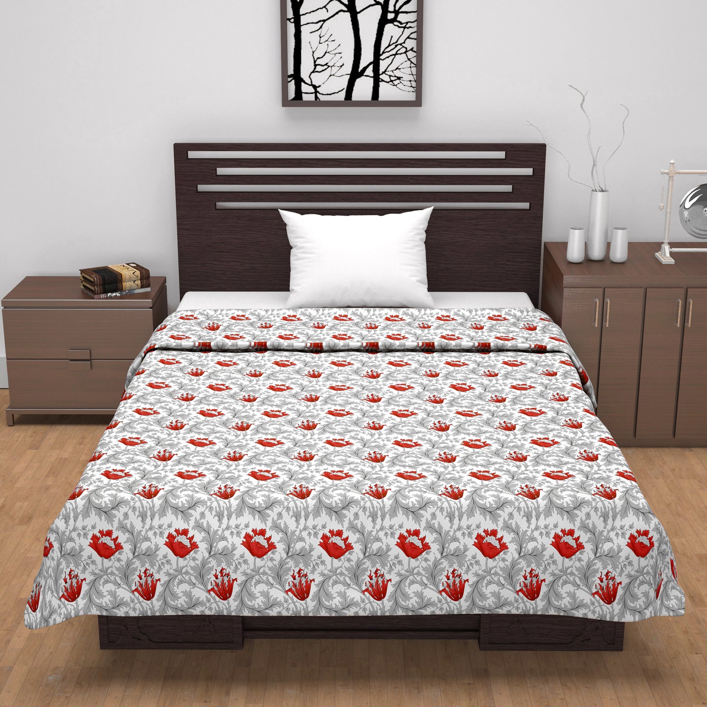 Tulip Floral Grey and Red All Season AC Dohar for Single Bed